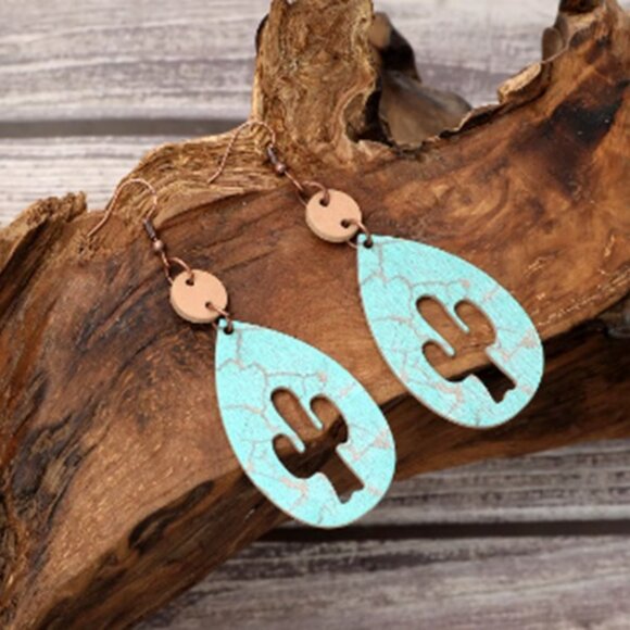 Turquoise Cactus Teardrop Earrings - Picture 2 of 3